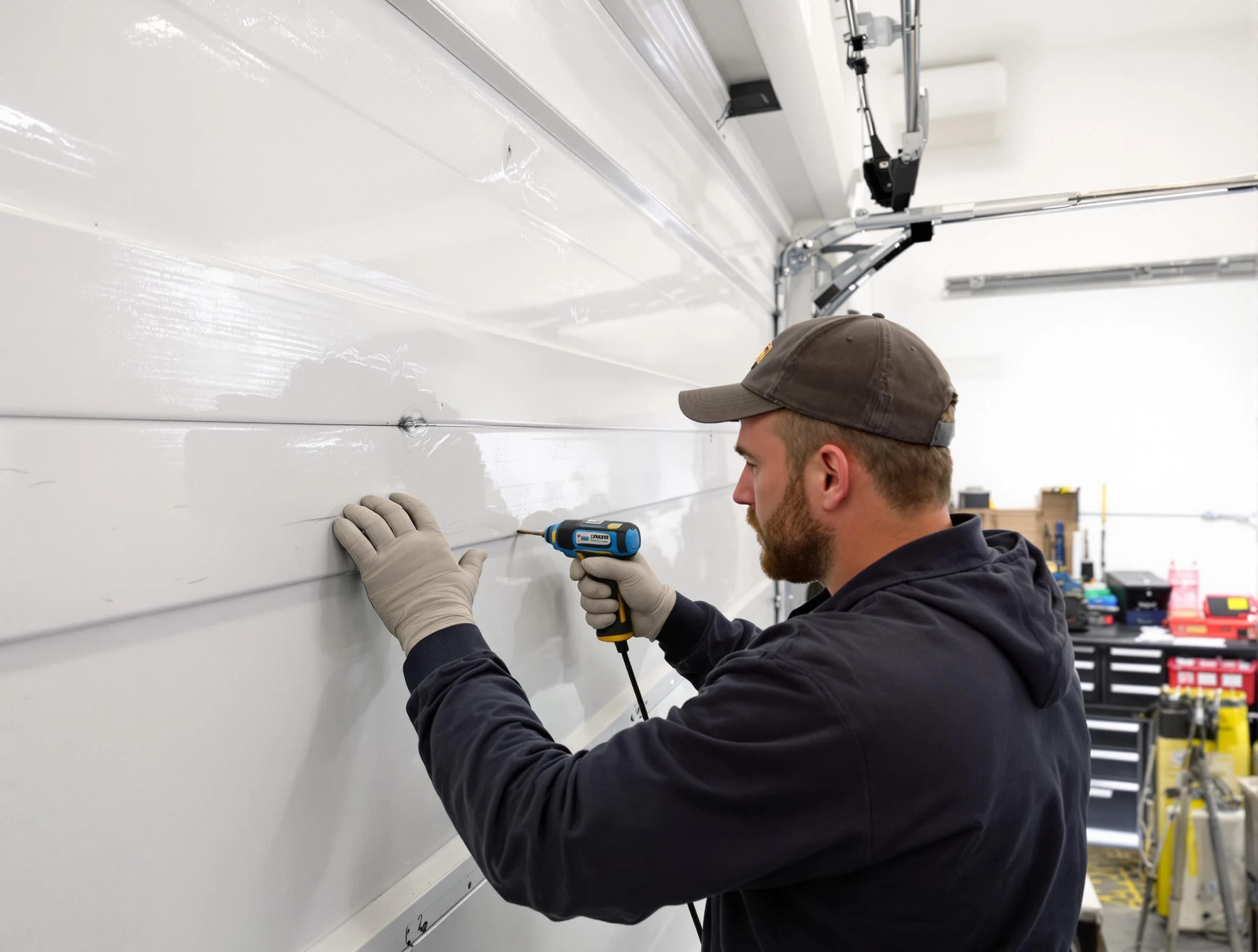 Peters Garage Door Repair technician demonstrating precision dent removal techniques on a Peters garage door