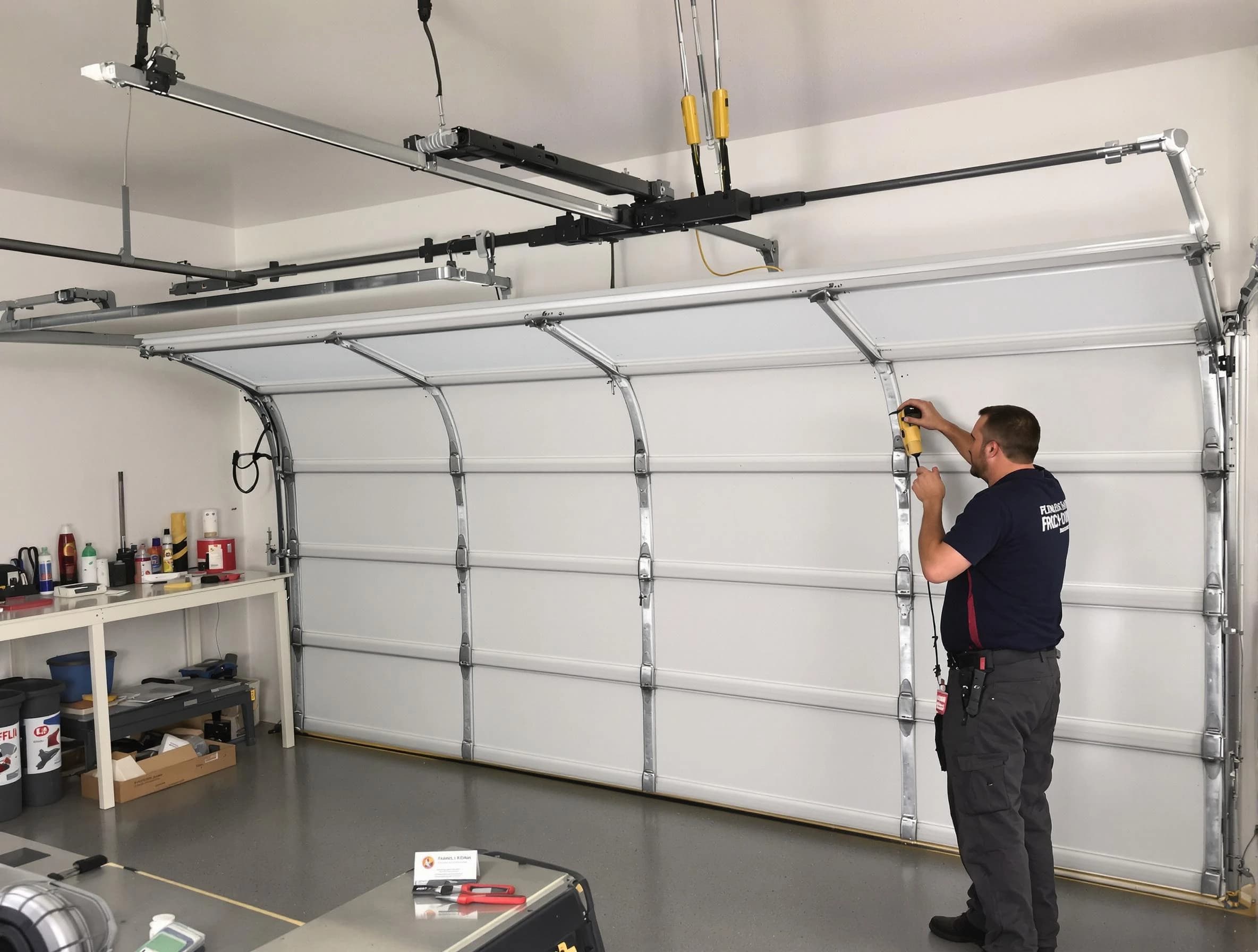 Peters Garage Door Repair certified technician performing overhead door system repair in Peters