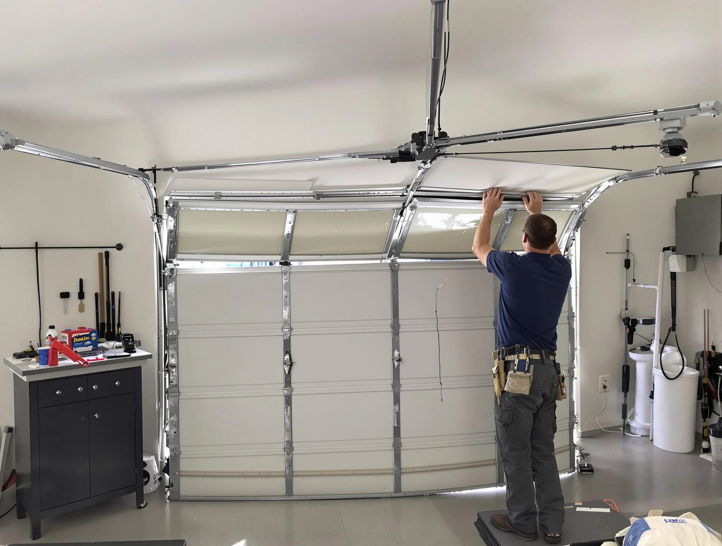 Peters Garage Door Repair specialist performing precise section replacement on Peters garage door