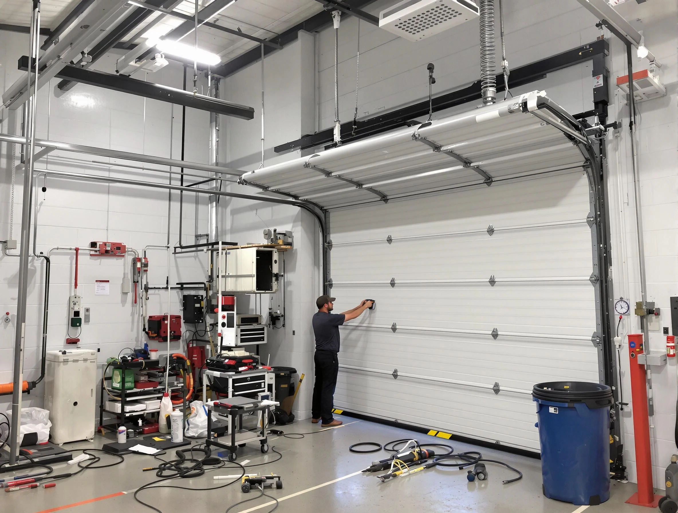 Peters Garage Door Repair certified technician performing commercial door repair at a Peters business facility