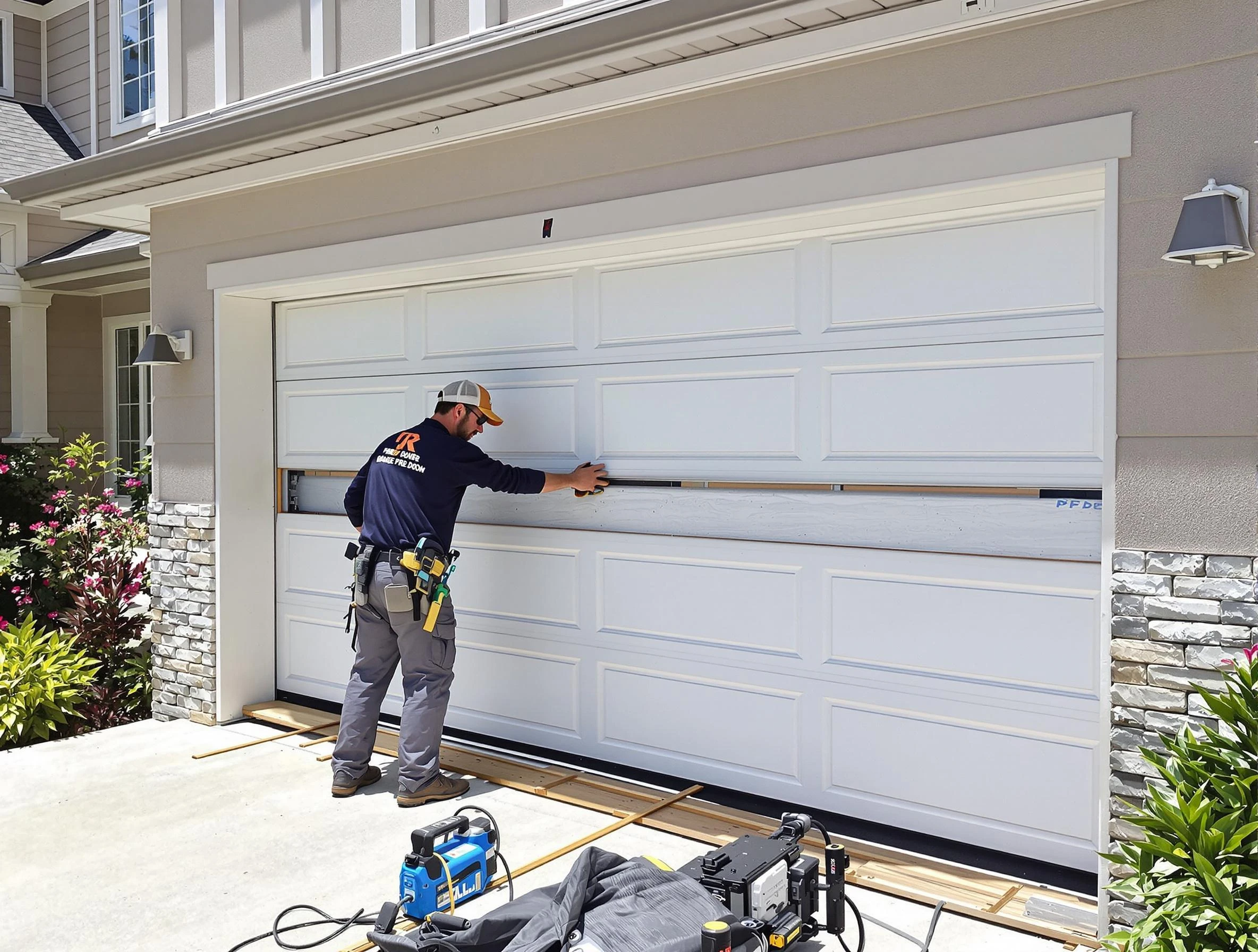Peters Garage Door Repair team performing complete garage door replacement at Peters residence