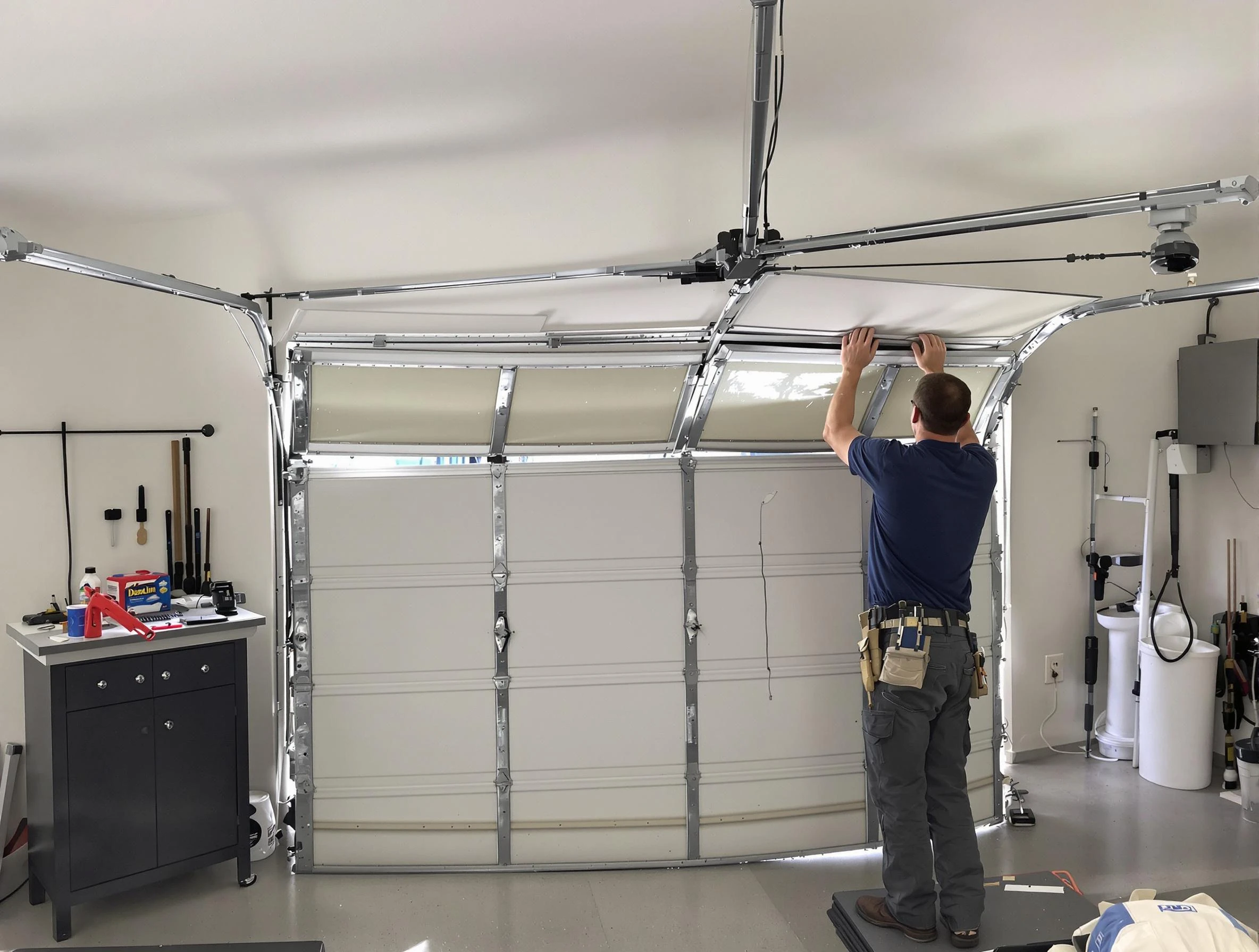 Peters Garage Door Repair specialist performing precise section replacement on Peters garage door