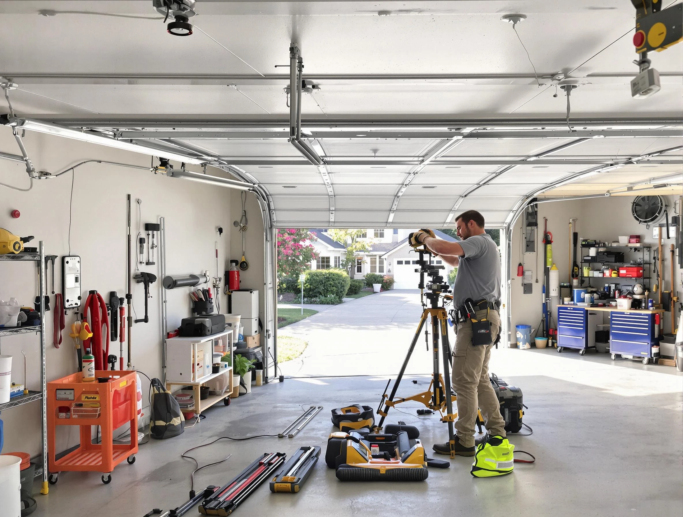 Peters Garage Door Repair specialist performing laser-guided track alignment in Peters